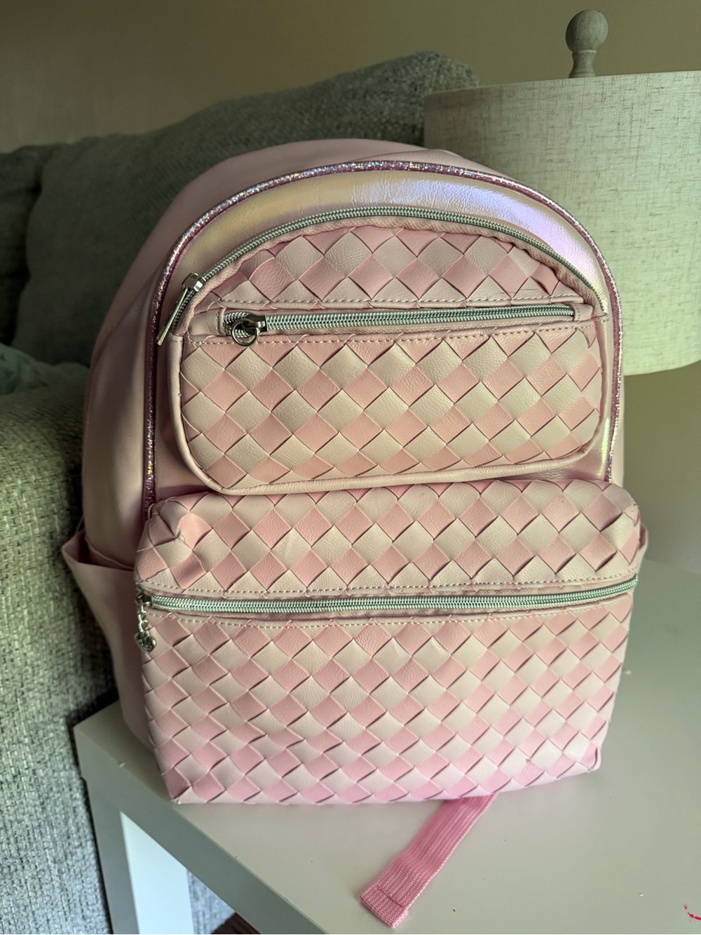 Girls Pink Woven Backpack with Iridescent Trim